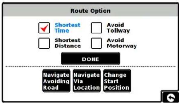 Route Option Shortest Time Avoid Tollway Shortest Distance Avoid Motorway DONE Navigate Avoiding Road Navigate Via Location Change Start Position
