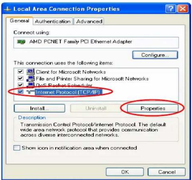 Local Area Connection Properties General Authentication Advanced Connect using: AMD PCNET Family PCI Ethernet Adapter Configure... This connection uses the following items: Client for Microsoft Networks File and Printer Sharing for Microsoft Networks DocS Packet Scheduler Internet Protocol (TCP/IP) Install... Uninstall Properties Description Transmission Control Protocol/Internet Protocol. The default wide area network protocol that provides communication across diverse interconnected networks. Show icon in notification area when connected OK Cancel