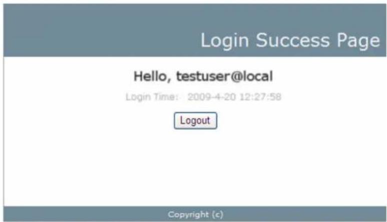 Login Success Page Hello, testuser@local Login Time: 2009-4-20 12:27:58 Logout Copyright (c)
