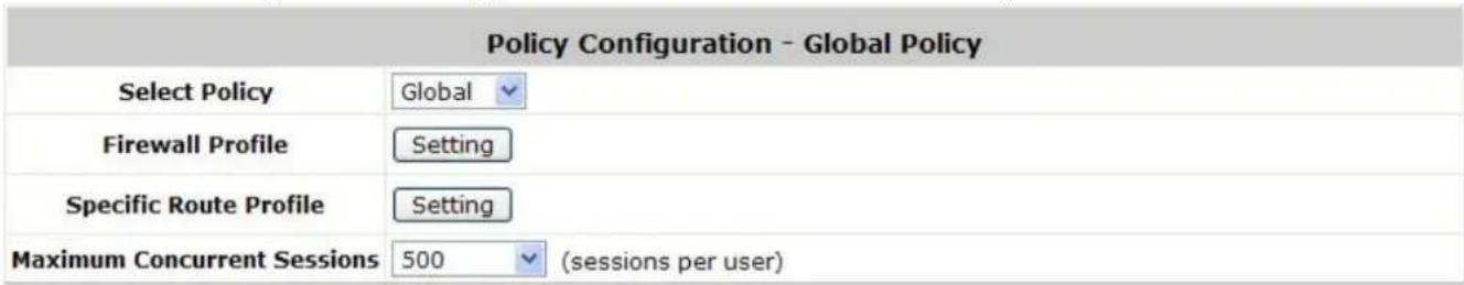 Policy Configuration - Global Policy Select Policy Global Firewall Profile Setting Specific Route Profile Setting Maximum Concurrent Sessions 500 (sessions per user)