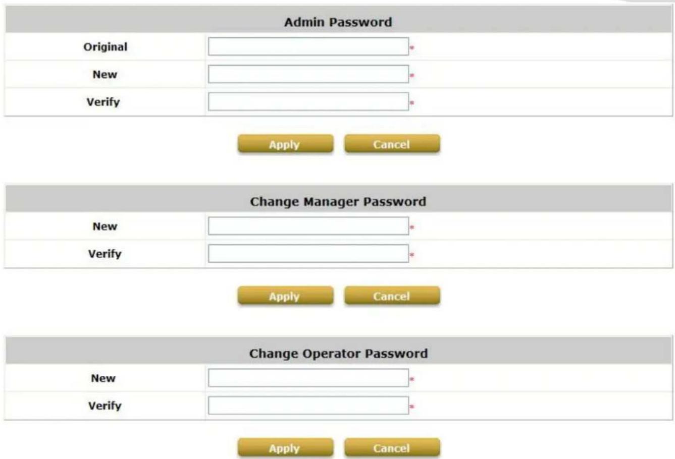 Admin Password Original New Verify Apply Cancel Change Manager Password New Verify Apply Cancel Change Operator Password New Verify Apply Cancel