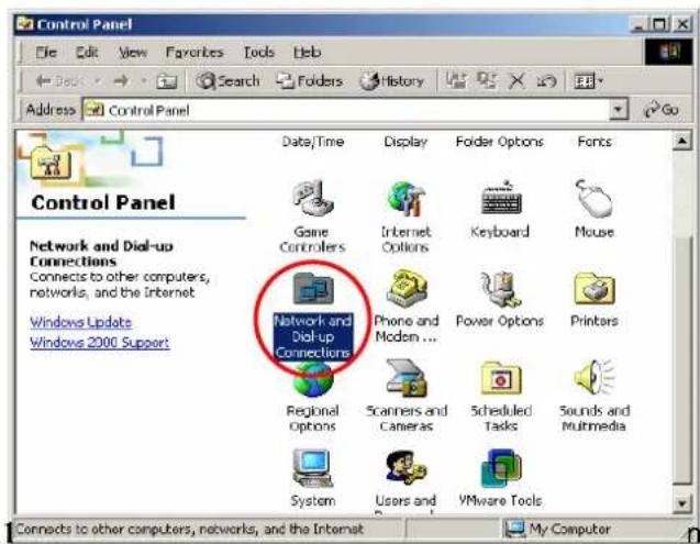 Control Panel Network and Dial-up Connections Connects to other computers, networks, and the Internet Windows Update Windows 2000 Support Data/Time Display Folder Options Fonts Game Controllers Internet Options Keyboard Mouse Network and Dial-up Connections Phone and Modem ... Power Options Printers Regional Options Scanners and Cameras Scheduled Tasks Sounds and Multimedia System Users and VMware Tools Connects to other computers, networks, and the Internet My Computer