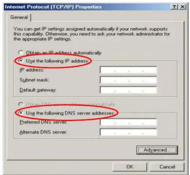 Internet Protocol [TCP/IP] Properties General You can get IP settings assigned automatically if your network supports this capability. Otherwise, you need to ask your network administrator for the appropriate IP settings. Obtain an IP address automatically Use the following IP address: IP address: .... Subnet mask: .... Default gateway: .... Obtain DNS server addresses automatically Use the following DNS server addresses: Preferred DNS server: .... Alternate DNS server: .... Advanced... OK Cancel