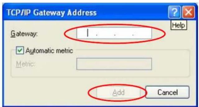 TCP/IP Gateway Address Gateway: I . . . . Help Automatic metric Metric: Add Cancel