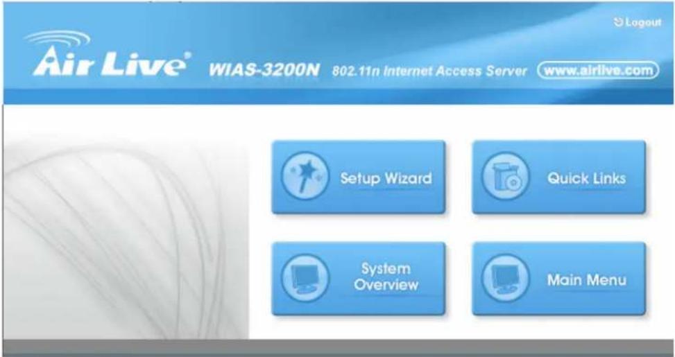 Air Live® WIAS-3200N 802.11n Internet Access Server www.airlive.com Setup Wizard Quick Links System Overview Main Menu
