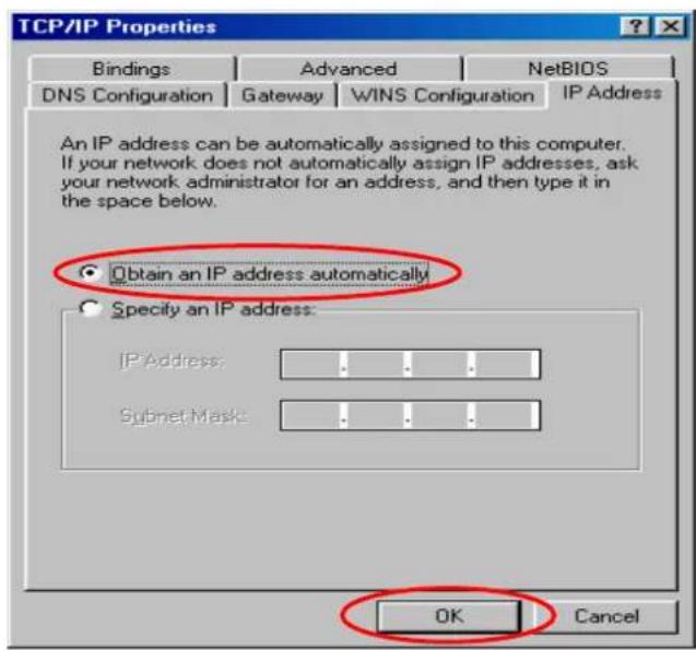TCP/IP Properties Bindings Advanced NetsBIOS DNS Configuration Gateway WINS Configuration IP Address An IP address can be automatically assigned to this computer. If your network does not automatically assign IP addresses, ask your network administrator for an address, and then type it in the space below. Obtain an IP address automatically Specify an IP address: IP Address: .... .... .... Subnet Mask: .... .... .... OK Cancel