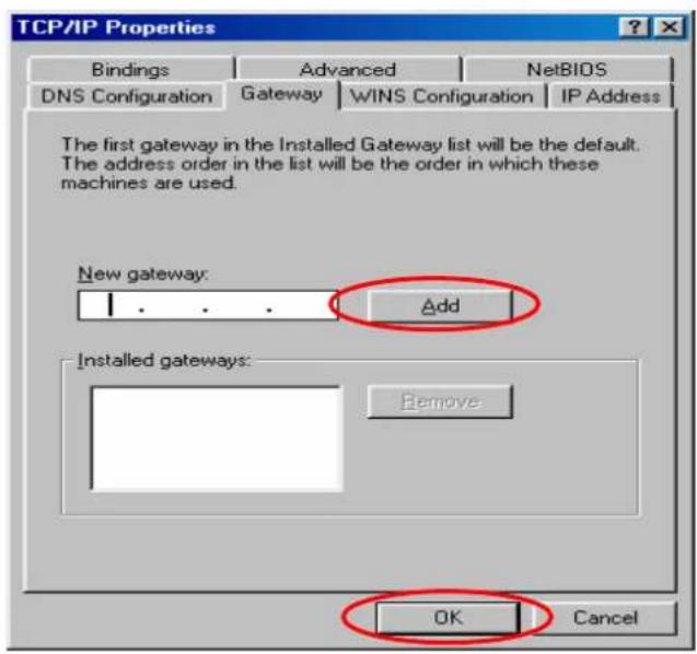 TCP/IP Properties Bindings Advanced NetsBIOS DNS Configuration Gateway WINS Configuration IP Address The first gateway in the Installed Gateway list will be the default. The address order in the list will be the order in which these machines are used. New gateway: Add Installed gateways: Remove OK Cancel