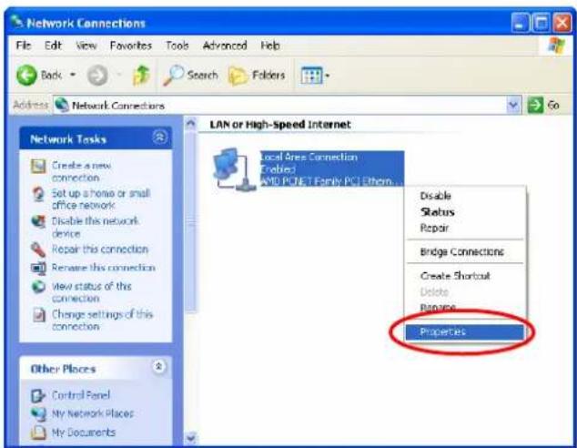 Network Connections File Edit View Favorites Tools Advanced Help Back Search Folders Address Network Connections LAN or High-speed Internet Local Area Connection Enabled: AMD PONET Family PC1 Etern... Disable Status Repair Bridge Connections Create Shortcut Delete Rename Properties Create a new connection. Set up a home or small office network. Disable this network device. Repair this connection. Rename this connection. View status of this connection. Change settings of this connection Other Places Control Panel My Network Places My Documents