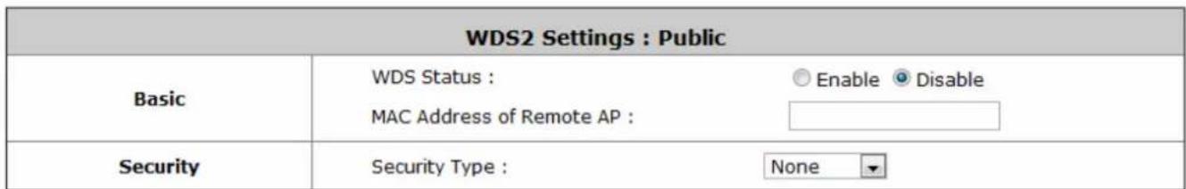 WDS2 Settings : Public Basic WDS Status : MAC Address of Remote AP : Enable Disable Security Security Type : None