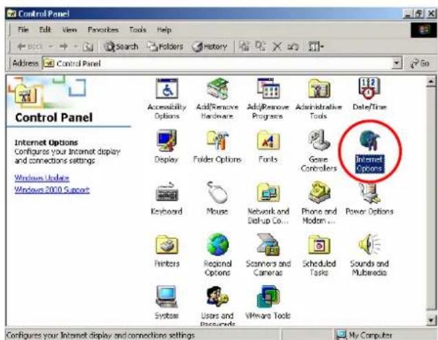 Control Panel Internet Options Configures your Internet display and connections settings Windows Update Windows 2010 Support Accessibility Options Add/Remove Hardware Add/Remove Programs Administrative Tools DataTime Display Folder Options Fonts Game Controllers Internet Options Keyboard Mouse Network and Backup Co... Phone and Modem... Power Options Printers Regional Options Scanners and Cameras Scheduled Tasks Sounds and Multimedia System Users and Resources VMware Tools Configures your Internet display and connections settings My Computer