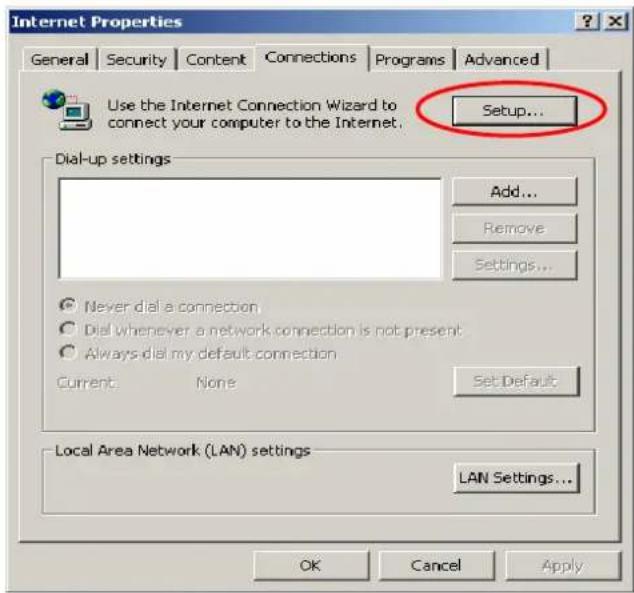 Internet Properties General Security Content Connections Programs Advanced Use the Internet Connection Wizard to connect your computer to the Internet. Setup... Dial-up settings Add... Remove Settings... Never dial a connection Dial whenever a network connection is not present Always dial my default connection Current None Set Default Local Area Network (LAN) settings LAN Settings... OK Cancel Apply
