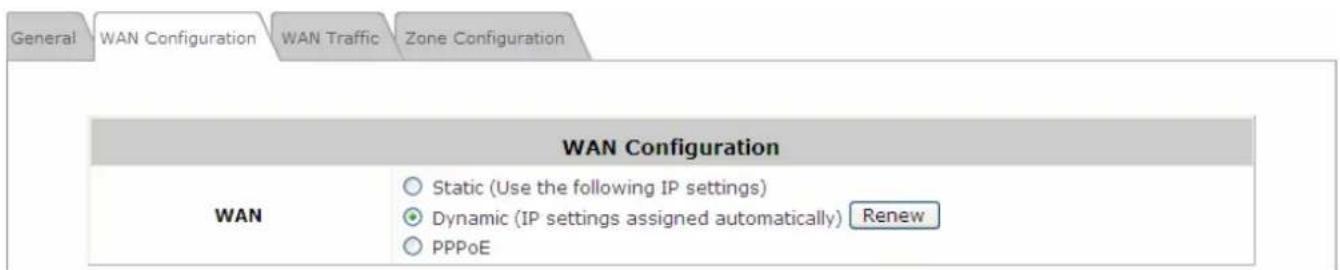 General WAN Configuration WAN Traffic Zone Configuration WAN Configuration WAN Static (Use the following IP settings) Dynamic (IP settings assigned automatically) Renew PPPoE