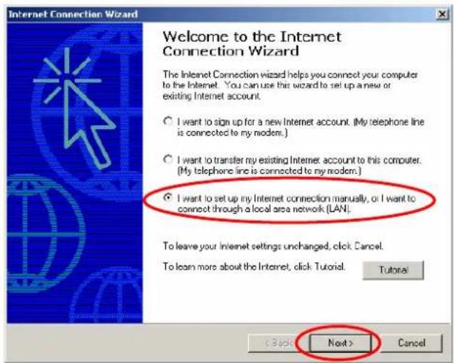 Welcome to the Internet Connection Wizard The Internet Connection wizard helps you connect your computer to the Internet. You can use this wizard to set up a new or existing Internet account. I want to sign up for a new Internet account. (My telephone line is connected to my modem.) I want to transfer my existing Internet account to this computer. (My telephone line is connected to my modem.) I want to set up my Internet connection manually, or I want to connect through a local area network (LAN). To leave your Internet settings unchanged, click Cancel. To learn more about the Internet, click Tutorial. Tutorial < Back > Next > Cancel
