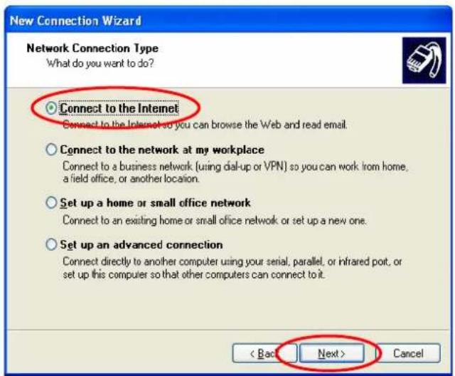 New Connection Wizard Network Connection Type What do you want to do? Connect to the Internet Connect to the Internet so you can browse the Web and read email. Connect to the network at my workplace Connect to a business network (using dial-up or VPN) so you can work from home, a field office, or another location. Set up a home or small office network Connect to an existing home or small office network or set up a new one. Set up an advanced connection Connect directly to another computer using your serial, parallel, or infrared post, or set up this computer so that other computers can connect to it. < Back Next > Cancel