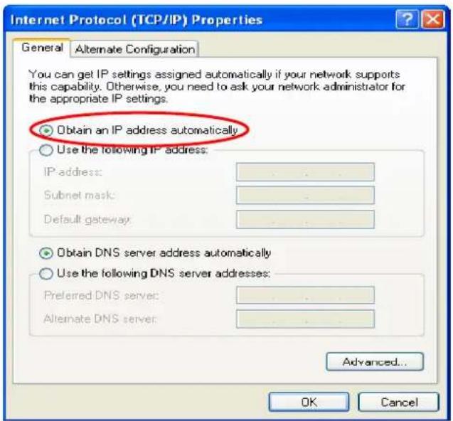 Internet Protocol (TCP/IP) Properties General Alternate Configuration You can get IP settings assigned automatically if your network supports this capability. Otherwise, you need to ask your network administrator for the appropriate IP settings. Obtain an IP address automatically Use the following IP address: IP address: ... Subnet mask: ... Default gateway: ... Obtain DNS server address automatically Use the following DNS server addresses: Preferred DNS server: ... Alternate DNS server: ... Advanced... OK Cancel