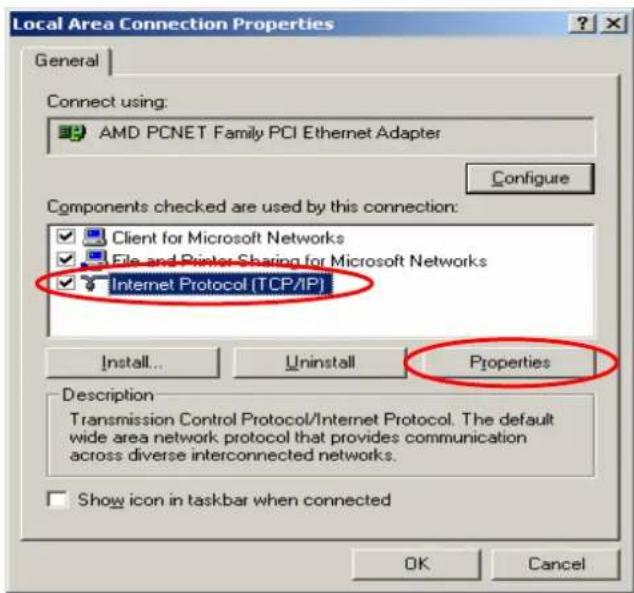 Local Area Connection Properties General Connect using: AMD PCNET Family PCI Ethernet Adapter Configure Components checked are used by this connection: ✓ Client for Microsoft Networks ✓ File and Printer Sharing for Microsoft Networks ✓ Internet Protocol (TCP/IP) Install... Uninstall Properties Description Transmission Control Protocol/Internet Protocol. The default wide area network protocol that provides communication across diverse interconnected networks. Show icon in taskbar when connected OK Cancel
