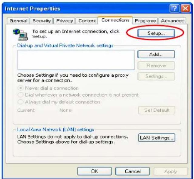 Internet Properties General Security Privacy Content Connections Programs Advanced To set up an Internet connection, click Setup... Setup... Dial-up and Virtual Private Network settings Add... Remove Choose Settings if you need to configure a proxy server for a connection. Never dial a connection Dial whenever a network connection is not present Always dial my default connection Current None Set Default Local Area Network (LAN) settings LAN Settings do not apply to dial-up connections. Choose Settings above for dial-up settings. LAN Settings... OK Cancel Apply