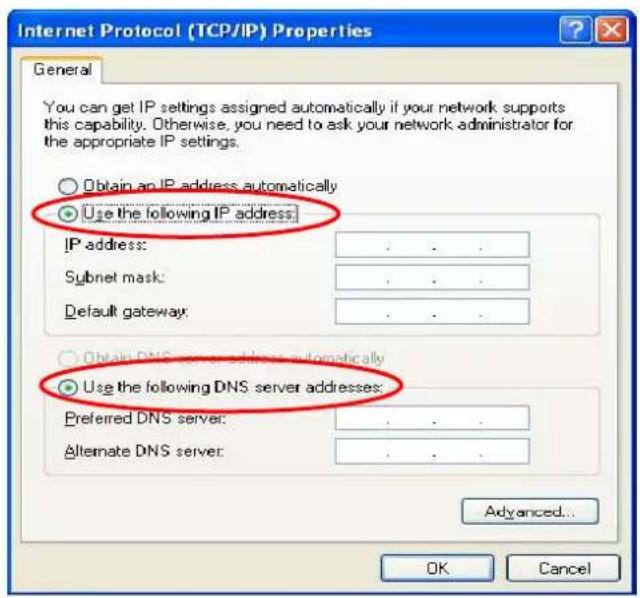 Internet Protocol (TCP/IP) Properties General You can get IP settings assigned automatically if your network supports this capability. Otherwise, you need to ask your network administrator for the appropriate IP settings. Obtain an IP address automatically Use the following IP address: IP address: .... Subnet mask: .... Default gateway: .... Obtain DNS server address automatically Use the following DNS server addresses: Preferred DNS server: .... Alternate DNS server: .... Advanced... OK Cancel
