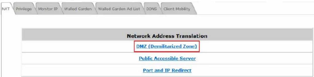 NAT Privilege Monitor IP Walled Garden Walled Garden Ad List DDNS Client Mobility Network Address Translation DMZ (Demilitarized Zone) Public Accessible Server Port and IP Redirect