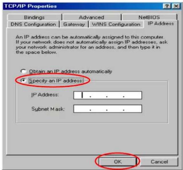 TCP/IP Properties Bindings Advanced NetsBIOS DNS Configuration Gateway WINS Configuration IP Address An IP address can be automatically assigned to this computer. If your network does not automatically assign IP addresses, ask your network administrator for an address, and then type it in the space below. Obtain an IP address automatically Specify an IP address: IP Address: . Sybnet Mask: . OK Cancel