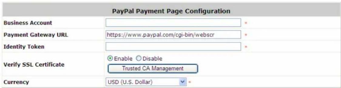 PayPal Payment Page Configuration Business Account Payment Gateway URL Identity Token Verify SSL Certificate Currency Enable Disable Trusted CA Management USD (U.S. Dollar)