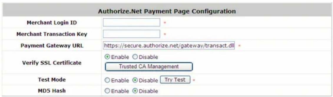 Authorize.Net Payment Page Configuration Merchant Login ID Merchant Transaction Key Payment Gateway URL https://secure.authorize.net/gateway/transact.dll Verify SSL Certificate Enable Disable Trusted CA Management Test Mode Enable Disable Try Test MD5 Hash Enable Disable