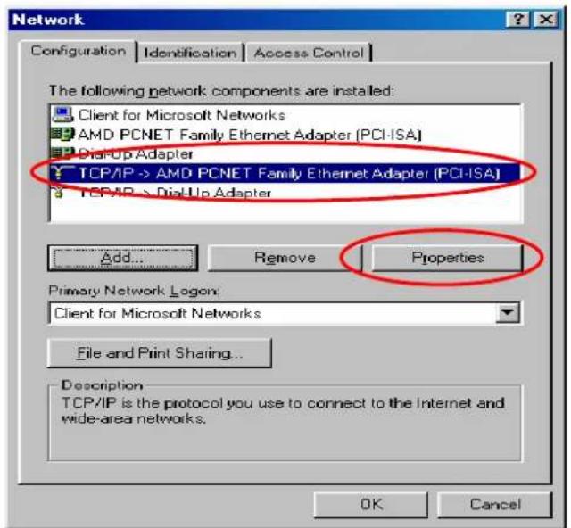 Network Configuration Identification Access Control The following network components are installed: Client for Microsoft Networks AMD PCNET Family Ethernet Adapter (PCI-ISA) DialUp Adapter TCP/IP -> AMD PCNET Family Ethernet Adapter (PCI-ISA) TCP/IP -> DialUp Adapter Add... Remove Properties Primary Network Logon: Client for Microsoft Networks File and Print Sharing... Description TCP/IP is the protocol you use to connect to the Internet and wide-area networks. OK Cancel