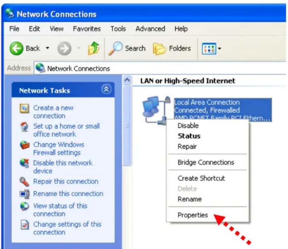 Network Connections File Edit View Favorites Tools Advanced Help Back Search Folders Address Network Connections Network Tasks LAN or High-Speed Internet Create a new connection Set up a home or small office network Change Windows Firewall settings Disable this network device Repair this connection Rename this connection View status of this connection Change settings of this connection Local Area Connection Connected, Firewalled AMD ECNET Family BCT Ethernet... Disable Status Repair Bridge Connections Create Shortcut Delete Rename Properties