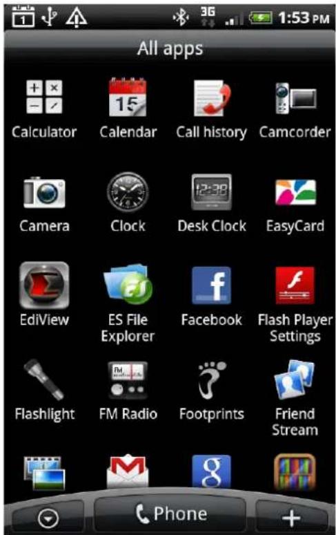 All apps Calculator Calendar Call history Camcorder Camera Clock Desk Clock EasyCard EdiView ES File Explorer Facebook Flash Player Settings Flashlight FM Radio Footprints Friend Stream Phone