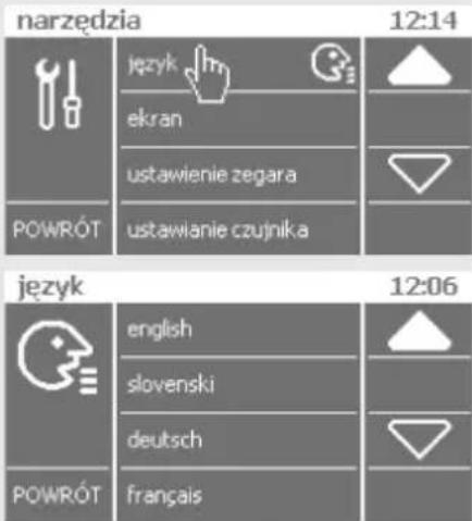 narzędzia 12:14 język ekran ustawienie zegara ustawianie czujnika POWRÓT język 12:06 english slovenski deutsch POWRÓT français