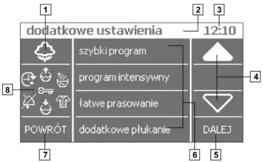 dodatkowe ustawienia 12:10 szybki program program intensywny łatwe prasowanie POWRÓT dodatkowe płukanie DALEJ 8 7 6 5 4