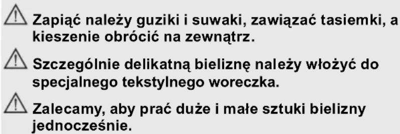 ⚠️ Zapiąć należy guziki i suwaki, zawiązać tasiemki, a kieszenie obrócić na zewnątrz. ⚠️ Szczególnie delikatną bieliznę należy włożyć do specjalnego tekstylnego woreczka. ⚠️ Zalecamy, aby prać duże i małe sztuki bielizny jednocześnie.