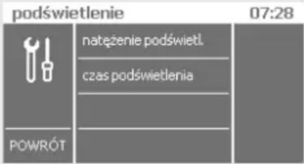 podświetlenie 07:28 natężenie podświetl. czas podświetlenia POWRÓT