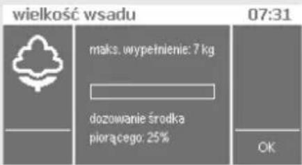 wielkość wsadu 07:31 maks. uwpetnienie: 7 kg dozowanie środka piorącego: 25% OK