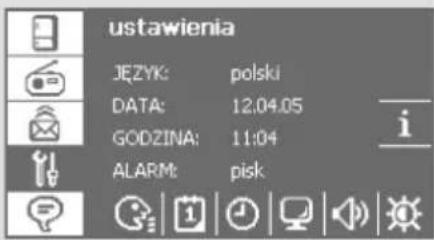 ustawienia JEZYK: polski DATA: 12.04.05 GODZINA: 11:04 ALARM: pisk
