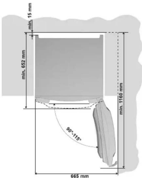 min. 15 mm min. 652 mm min. 1160 mm 90°115° 665 mm