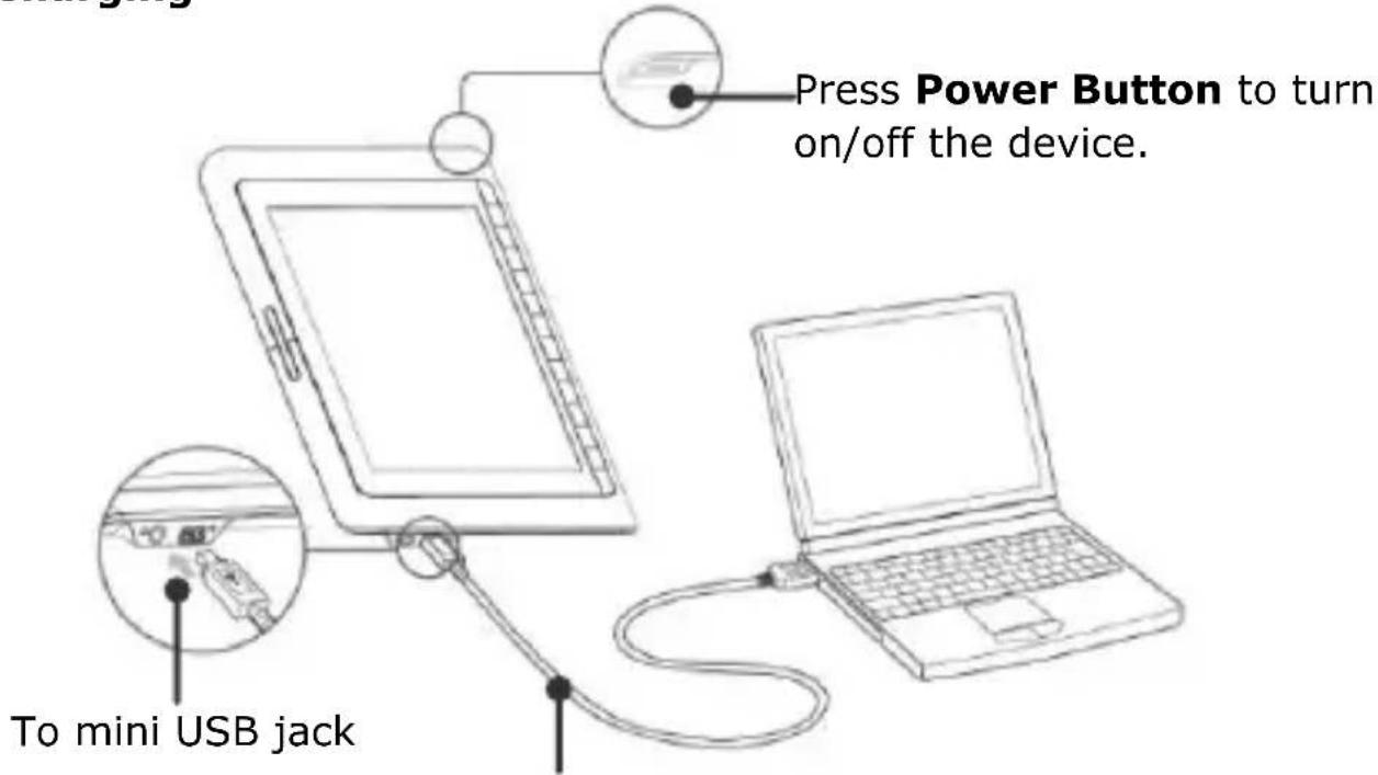Press Power Button to turn on/off the device. To mini USB jack