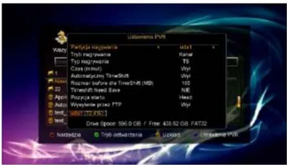 Udowiewa PVR Pancytca nagywania uzt Tryb nagywania Karaw Typ nagywania TS Czone (minut) Wyj Automatyczny TimeShift Wyj Rozmar before dla Timeshift (MB) 180 Timeshift Need Save NIE Pancytca startu Head Wysylenie przez FTP Wyj Wiesl [12.4367] Drive Space: 596.0 GB / Free: 436.62 GB FAT32 Narzȩcie Tryb ostrwania UPGAS Udzuwania PVR