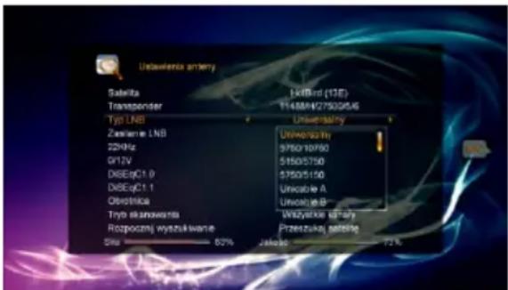 Udawlenia artemy Sakeita Transponder Typ LNB Zaklere: LNB 224Hz G12V DISE@C1.0 DISE@C1.1 Obstika Tryb skunawanta Rozpoczni wyszukiwane Sika = 52% LKB/WD (13E) F148M/479005/6 Universzniy Unwotu 50 m 9750-10750 5150/5750 5750/5150 Unwotu A Unwotu B Wizyskie uhrary Przeszukaj efetalię Jakoło 72 K