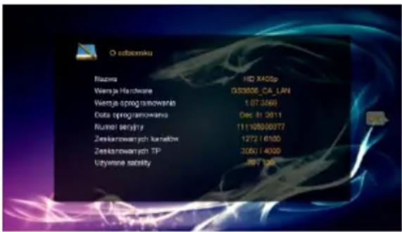 O obciomku Nazwa: HD X405p Wertja Hardware: 033806_CA_LAN Wertja programowania: 1 07-3466 Data oprogramowania: Dec 31 2011 Rumor serjyny: 1110500977 Zeskanowanych kanałów: 1272 / 6100 Zeskanowanych TP: 3050 / 4000 Używane sataty: 997-120