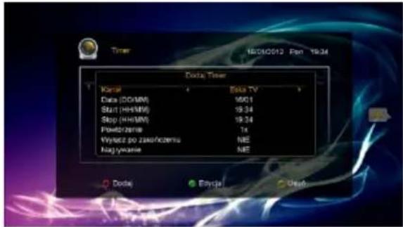 Timer 19/01/2012 Pen 19:34 Data Timer Kancel Data TV Data (DO/MM) 19:01 Start (HH/MM) 19:34 Stop (HH/MM) 19:34 Powłczanie 1x Wynacz po zakończenia NIE Nagrywanie NIE Dode Ebycie Oief