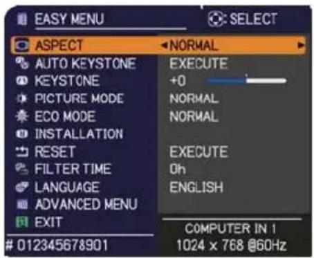 EASY MENU ASPECT AUTO KEYSTONE KEYSTONE PICTURE MODE ECO MODE INSTALLATION RESET FILTER TIME LANGUAGE ADVANCED MENU EXIT NORMAL EXECUTE +0 NORMAL NORMAL EXECUTE Oh ENGLISH COMPUTER IN 1 1024 x 768 @60Hz 012345678901