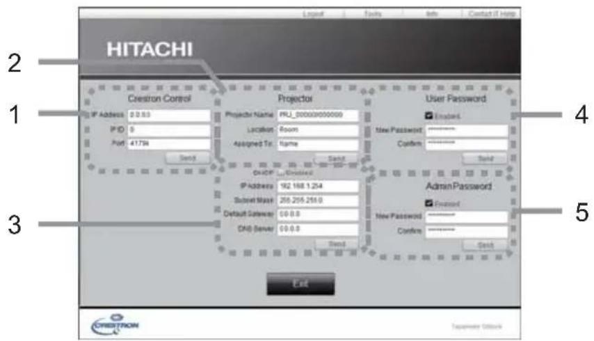 HITACHI 2 1 3 4 5 User Password ■ Enabled New Password Confirm Send Send AdminPassword ■ Enabled New Password Confirm Send Exit