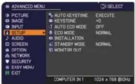 ADANCED MENU PICTURE IMAGE INPUT SETUP AUDIO SCREEN OPTION NETWORK SECURITY EASY MENU EXIT AUTO KEYSTONE KEYSTONE AUTO ECO MODE ECO MODE INSTALLATION STANDBY MODE MONITOR OUT EXECUTE +0 OFF NORMAL NORMAL COMPUTER IN 1 1024 x 768 @SOHz