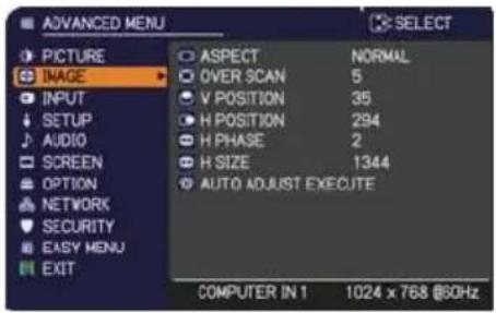 ADANCED MENU PICTURE IMAGE INPUT SETUP AUDIO SCREEN OPTION NETWORK SECURITY EASY MENU EXIT ASPECT NORMAL OVER SCAN 5 V POSITION 35 H POSITION 294 H PHASE 2 H SIZE 1344 AUTO ADJUST EXECUTE COMPUTER IN 1 1024 x 768 @SOHz