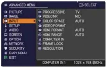 ADANCED MENU PICTURE IMAGE INPUT SETUP AUDIO SCREEN OPTION NETWORK SECURITY EASY MENU EXIT PROGRESSIVE TV VIDEO NR MID COLOR SPACE AUTO VIDEO FORMAT HDMI FORMAT AUTO HDMI RANGE AUTO COMPUTER IN FRAME LOCK RESOLUTION COMPUTER IN 1 1024 x 768 @SOHz