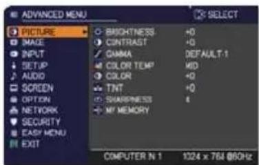 ADADVANCED MENU PICTURE IMAGE INPUT SETUP AUDIO SCREEN OPTION NETWORK SECURITY EASY MENU EXIT RIGHTNESS +0 CONTRAST +0 CHAMA DEFAULT-1 COLOR TEMP MD COLOR +0 TNT +0 SHARPNESS 4 MY MEMORY COMPUTER N 1 1324 x 764 @6Hz