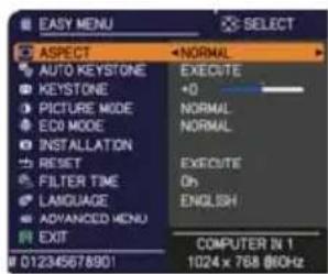 EASY MENU ASPECT AUTO KEYSTONE KEystone PICTURE MODE ECO MODE INSTALLATION RESET FILTER TIME LANGUAGE ADVANCED MENU EXIT NORMAL EXECUTE +0 NORMAL NORMAL EXECUTE Oh ENGLISH COMPUTER IN 1 1024 x 768 @60Hz