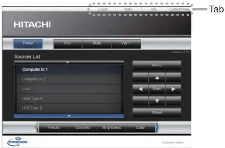 HITACHI Power Vol - Mate Vol + Sources List Computer in 1 Computer in 2 LAN USB Type A USB Type B Menu Enter Reset Freeze Contrast Brightness Color Tab CRESTRON Expansion Options