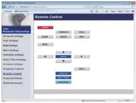 Remote Control Tops: Network Information Network Settings Port Settings Mail Settings Alert Settings Schedule Settings Name/Name Settings Security Settings Projector Control Remote Control Projector Status Network System control COMPUTER HOME CLASS PROJECT NEXT NEXT input off Input Group INFORMATION